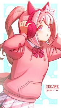 1girl animal_ears blush bow bowtie collared_shirt commentary_request creape ear_bow ear_covers earmuffs flower-shaped_pupils flower_in_eye haru_urara_(umamusume) headband highres hood hood_down hoodie horse_ears horse_girl horse_tail long_hair long_sleeves parted_lips pink_bow pink_bowtie pink_eyes pink_hair pink_headband pink_hoodie pink_skirt pleated_skirt ponytail red_headband shirt skirt solo symbol-shaped_pupils symbol_in_eye tail umamusume white_shirt