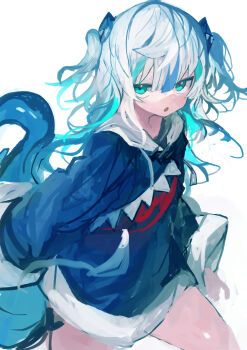 1girl absurdres aqua_eyes aqua_hair blue_hair blue_hoodie commentary fins fish_tail gawr_gura gawr_gura_(1st_costume) hair_between_eyes highres hololive hololive_english hood hood_down hoodie kaamin_(mariarose753) long_hair long_sleeves looking_at_viewer multicolored_hair parted_lips simple_background solo tail two_side_up virtual_youtuber white_hair