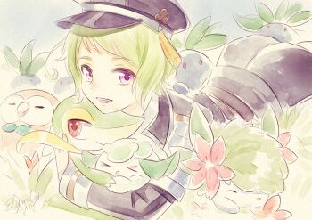 10s 1boy color_connection cottonee ecat gen_1_pokemon gen_4_pokemon gen_5_pokemon gen_7_pokemon green_hair hat legendary_pokemon looking_at_viewer lying male_focus military military_uniform mouri_toushirou mythical_pokemon nintendo oddish on_stomach open_mouth pokemon pokemon_(creature) purple_eyes rowlet shaymin shaymin_(land) short_hair signature smile snivy touken_ranbu