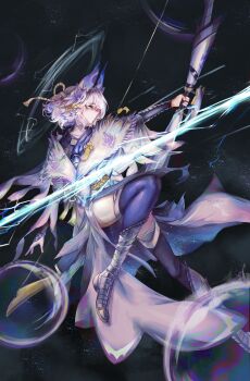 1girl absurdres arknights armored_boots blue_shirt blue_thighhighs boots bow_(weapon) cloak commentary grey_hair highres holding holding_bow_(weapon) holding_weapon horns monster_hunter_(series) orchid_(arknights) shirt short_hair skirt solo thighhighs tometome1342 violet_mizutsune_orchid_(arknights) weapon white_boots white_cloak white_skirt yellow_eyes