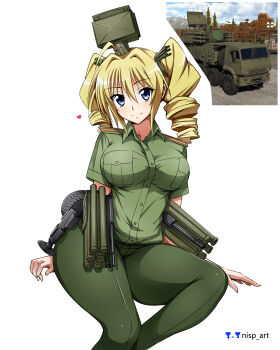 absurdres ahoge blonde_hair blue_eyes breast_pocket buttons drill_hair epaulettes highres military_uniform nisp_art pantsir-s1 personification pocket radar_dish russian_ground_forces twin_drills war_thunder watermark wheel