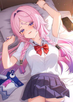 1girl alternate_costume arm_up bed_sheet black_skirt blue_eyes blue_nails blush bow bowtie bracelet braid breasts button_gap citlali_(genshin_impact) collared_shirt commentary_request ewaaawa facial_mark genshin_impact hair_intakes hand_up highres itzpapa_(genshin_impact) jewelry long_hair looking_at_viewer loose_bowtie lying medium_breasts nail_polish on_back on_bed paid_reward_available parted_lips pillow pink_hair pink_pupils pleated_skirt red_bow red_bowtie shirt short_sleeves side_braids skirt solo sweat triangle triangle_facial_mark white_shirt