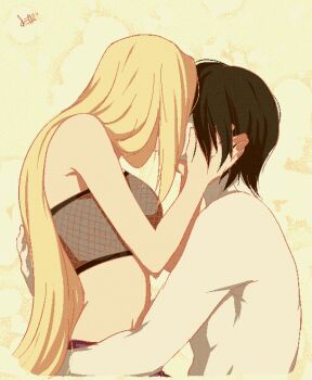 Rule 34 | 1boy, 1girl, black hair, blonde hair, couple, covered face, fishnet bra, fishnets, hetero, kiss, naruto: the last, naruto (series), pale skin, shirtless, yamanaka ino, yamanaka sai, ysue-chan