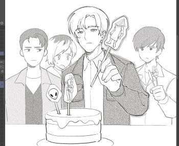 1girl 3boys alien art_program_in_frame cake collared_shirt facial_hair food haejeo1008 harry_mason hear_me_out_cake_(meme) heather_mason henry_townshend highres holding holding_stick jacket james_sunderland leon_s._kennedy long_sleeves meme monochrome multicolored_hair multiple_boys plate pyramid_head resident_evil resident_evil_4 robbie_the_rabbit roots_(hair) shirt short_hair silent_hill_(series) silent_hill_1 silent_hill_2 silent_hill_2_(remake) silent_hill_3 silent_hill_4:_the_room stick sweat table white_background