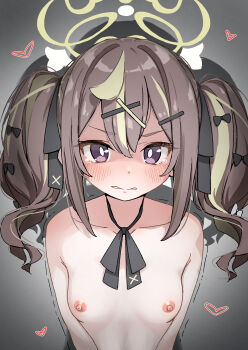 1girl absurdres black_ribbon blonde_streaks blue_archive blush breasts brown_hair clenched_teeth collarbone crying crying_with_eyes_open dot_nose embarrassed furrowed_brow hair_between_eyes halo heart highres loli long_hair multicolored_hair naked_ribbon neck_ribbon nipples nude pasties petitpetitppp purple_eyes rena_(blue_archive) ribbon shaded_face simple_background small_breasts solo standing streaked_hair tears teeth trembling twintails two-tone_hair upper_body yellow_halo
