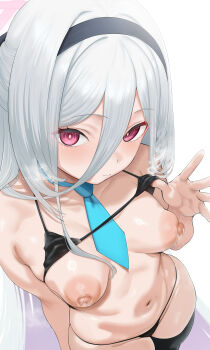 1girl absurdres bikini bikini_top_lift black_bikini black_hairband black_thighhighs blue_archive blue_necktie breasts chomikuplus closed_mouth clothes_lift commentary_request from_above hair_between_eyes hairband halo highres kei_(blue_archive) lactation lifting_own_clothes long_hair looking_at_viewer navel necktie nipples pink_halo red_eyes small_breasts solo swimsuit thighhighs very_long_hair white_background white_hair