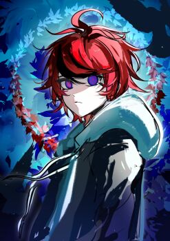 Rule 34 | 1boy, absurdres, ahoge, black hair, black jacket, blue background, blue eyes, chinese commentary, closed mouth, commentary request, drawstring, frown, hair between eyes, heiyu yaya, highres, hood, hood down, hoodie, jacket, jacket over hoodie, male focus, multicolored hair, open clothes, open jacket, red hair, short hair, solo, streaked hair, sumino takumi, the hundred line -last defense academy-, two-tone hair, upper body, variant set, white hoodie