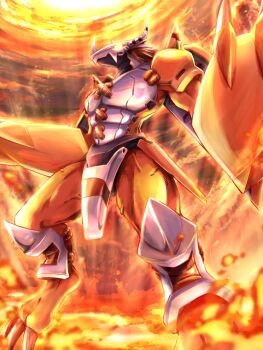 Rule 34 | armor, ayo (ayosanri009), claw (weapon), digimon, digimon (creature), dragon, fire, glowing, glowing eyes, orange scales, red hair, short hair, solo, wargreymon, weapon, yellow armor