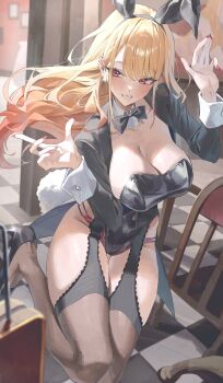 1girl animal_ears blonde_hair blush bow bowtie breasts cleavage cosplay highres izayoi_arisa izayoi_arisa_(cosplay) kitagawa_marin large_breasts leotard long_hair looking_at_viewer netural rabbit_ears red_eyes solo sono_bisque_doll_wa_koi_wo_suru thighhighs