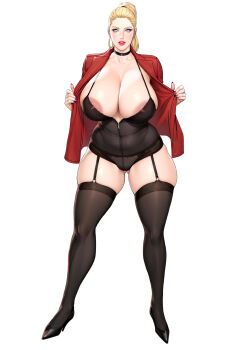 1girl absurdres areola_slip black_choker black_footwear black_garter_straps black_thighhighs blonde_hair blue_eyes breasts choker cleavage curvy earrings full_body garter_straps gluteal_fold high_heels high_ponytail highres hoop_earrings huge_breasts jacket jewelry large_areolae lipstick long_hair looking_at_viewer makeup mature_female mole nail_polish open_clothes open_jacket ponytail red_jacket red_lips red_nails skindentation solo standing thick_thighs thighhighs thighs transparent_background xlx zipper