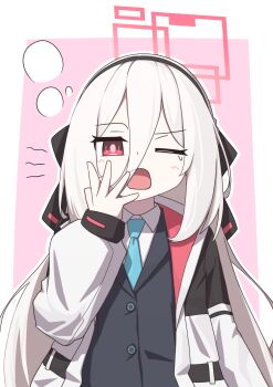Rule 34 | 1girl, absurdres, arm at side, black bow, black hairband, black jacket, black vest, blue archive, blue necktie, blush, border, bow, bright pupils, bubble, buttons, collared shirt, commentary request, double-parted bangs, hair between eyes, hair bow, hairband, halo, hand up, highres, jacket, kei (blue archive), long bangs, long hair, long hair between eyes, long sleeves, looking at viewer, mouth visible through hair, multicolored jacket, necktie, one eye closed, open clothes, open jacket, open mouth, outside border, pink background, pink eyes, pink halo, pink jacket, puffy long sleeves, puffy sleeves, rectangular halo, shirt, shout lines, sidelocks, simple background, sleepy, solo, squeans, straight-on, teardrop, tokuchi919, two-sided fabric, two-sided jacket, upper body, very long hair, vest, white border, white hair, white jacket, white shirt, yawning