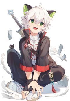 1boy absurdres ahoge animal_ears black_jacket black_pants cat_boy cat_ears commentary green_eyes heixiu highres jacket luo_xiaohei luo_xiaohei_(human) luo_xiaohei_zhanji male_focus open_clothes open_jacket open_mouth pants shirt shoes short_hair simple_background sitting teeth three-quarter_sleeves upper_teeth_only white_background white_hair white_shirt white_shoes yunweishukuang