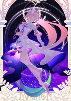 1girl areiaqaq bare_shoulders breasts commentary cyrene_(honkai:_star_rail) cyrene_(ripples_of_past_reverie)_(honkai:_star_rail) dress english_commentary flower full_body hair_flower hair_ornament halo high_heels highres honkai:_star_rail honkai_(series) long_hair looking_at_viewer medium_breasts multicolored_hair pink_hair purple_eyes solo two-tone_hair very_long_hair white_dress white_hair