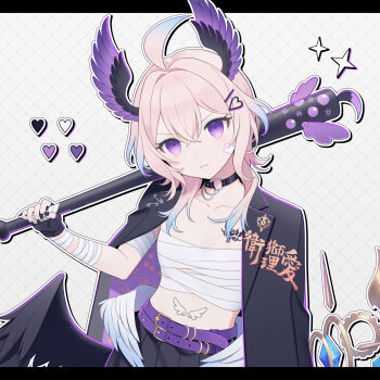 1girl 28284c ahoge banchou bandage_on_cheek bandaged_arm bandages baseball_bat blonde_hair breasts chest_sarashi chest_tattoo choker collarbone commentary delinquent enna_alouette fingerless_gloves gloves hair_between_eyes head_wings heart highres holding holding_baseball_bat jacket jacket_on_shoulders low_wings nijisanji nijisanji_en o-ring o-ring_choker outline purple_eyes sarashi serious small_breasts solo sparkle stomach_tattoo sukeban symbol-only_commentary tattoo virtual_youtuber white_outline wings