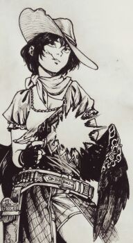 Rule 34 | 1girl, absurdres, belt, black hair, commentary, cowboy hat, feathered wings, firing, greyscale, gun, handgun, hat, highres, kurokoma saki, monochrome, mouth hold, revolver, revolver fanning, sendai (nazonomono), short hair, shorts, stalk in mouth, touhou, traditional media, weapon, wings