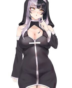 1girl alternate_costume breasts cleavage clothing_cutout commentary english_commentary finger_to_cheek grey_hair hololive hololive_english index_finger_raised large_breasts long_hair multicolored_hair nun shiori_novella shoulder_cutout simple_background solo split-color_hair two-tone_hair virtual_youtuber white_background yellow_eyes yotamono