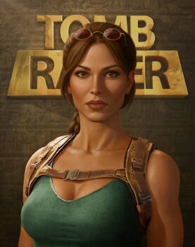 1girl antoniscroft aqua_tank_top backpack bag bare_shoulders braid braided_ponytail breasts brown_bag brown_eyes brown_hair chest_strap cleavage collarbone commentary english_commentary english_text eyelashes eyeliner eyewear_on_head highres jaw lara_croft lips lipstick logo looking_at_viewer makeup neck parted_bangs partially_shaded_face realistic red-tinted_eyewear round_eyewear signature simple_background solo_focus tank_top thick_lips tinted_eyewear tomb_raider toned twitter_username upper_body v-shaped_eyebrows