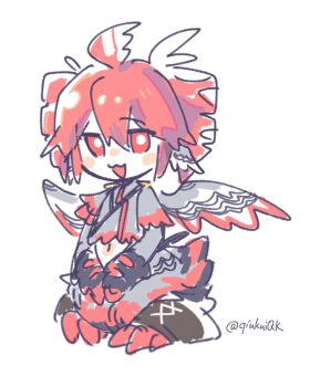Rule 34 | 1girl, adapted costume, ahoge, animal feet, animal hands, artist name, bird legs, bird tail, bird wings, blush, chibi, claws, commentary request, digitigrade, drill hair, feathered wings, feathers, fewer digits, grey jacket, hair between eyes, half-harpy, head wings, highres, jacket, kasane teto, looking at viewer, monster girl, monsterification, navel, open mouth, qiukui, red eyes, red hair, red trim, shoulder belt, sidelocks, signature, simple background, sitting, solo, synthesizer v, tail, talons, torn clothes, twin drills, utau, watermark, white background, wings