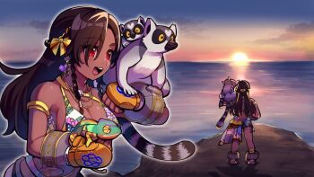 1girl animal animal_on_shoulder barefoot breasts brown_hair chameleon cliff commentary_request cuffs earrings eyelashes fingerless_gloves gloves jewelry kotorai large_breasts lemur long_hair looking_ahead miary_zo multiple_views necklace official_art open_mouth red_eyes ring-tailed_lemur shackles standing sunset tan tekken tekken_8
