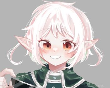 1girl cloak close-up elf green_cloak highres holding holding_removed_eyewear looking_at_viewer mushoku_tensei pointy_ears red_eyes simple_background smile spica59 sylphiette_(mushoku_tensei) unworn_eyewear white_background white_hair