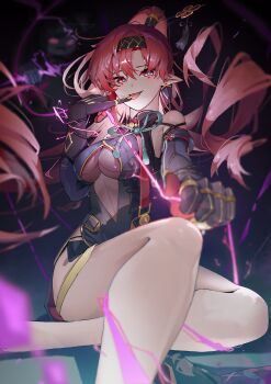 1girl absurdres bare_legs bare_shoulders black_gloves black_hairband black_shorts blurry blurry_background blurry_foreground breasts circle_facial_mark commentary earrings elbow_gloves electricity english_commentary feet_out_of_frame finger_to_tongue flower_hairpin gloves green_pupils hair_between_eyes hair_ornament hair_spread_out hairband hairpin high_ponytail highres holding holding_string jelmul jewelry large_breasts long_hair looking_at_viewer pointy_ears ponytail purple_eyes red_hair short_shorts shorts sitting solo string tongue tongue_out underboob very_long_hair wuthering_waves yinlin_(wuthering_waves) zapstring_(wuthering_waves)