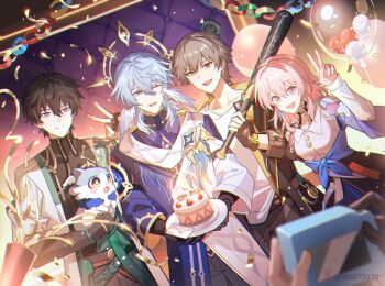 2girls 3boys animal_ears animal_nose arm_ribbon astral_express_(honkai:_star_rail) balloon baseball_bat belt black_belt black_choker black_coat black_gloves black_hair black_pants black_shirt blue_belt blue_eyes blue_fur blue_hair blue_jacket blue_skirt blurry blurry_foreground breasts buttons caelus_(honkai:_star_rail) cake camera candle chain character_hat chimera_(honkai:_star_rail) chinese_clothes choker closed_mouth clothes_around_waist coat collarbone collared_shirt confetti constellation_print covered_collarbone cowboy_shot crescent dan_heng_(honkai:_star_rail) dan_heng_(hunt)_(honkai:_star_rail) earrings envelope eyeliner feathered_wings fingerless_gloves flower flower_ornament food fruit gloves gold_chain gold_earrings gold_trim green_coat grey_eyes grey_hair grey_pants hair_between_eyes halo halo_behind_head hand_up hands_up happy hat head_wings heart_balloon highres himeko_(honkai:_star_rail) holding holding_baseball_bat holding_camera holding_plate honkai:_star_rail honkai_(series) hood hooded_coat icing indoors jacket jewelry lapels long_sleeves looking_at_another makeup march_7th_(honkai:_star_rail) march_7th_(preservation)_(honkai:_star_rail) medium_breasts mini_hat multicolored_coat multicolored_eyes multicolored_jacket multiple_boys multiple_girls one_eye_closed open_clothes open_coat open_mouth pants party piercing pink_eyes pink_hair plate pocket_watch puffy_long_sleeves puffy_sleeves purple_pupils purple_shirt red_eyeliner ribbon scarf shirt short_hair sidelocks single_glove skirt smile standing strawberry sun_symbol sunday_(honkai:_star_rail) t-shirt tail taking_picture tearing_up teeth tied_jacket tongue trailblazer_(honkai:_star_rail) trailblazer_(trash_cake)_(honkai:_star_rail) two-sided_coat two-sided_fabric two-tone_coat two-tone_fur two-tone_jacket usagishi v watch white_coat white_flower white_fur white_jacket white_scarf white_shirt wide_sleeves wing_piercing wings yellow_coat yellow_eyes zipper