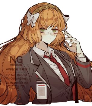 1girl bow brown_hairband collared_shirt freckles green_eyes hair_bow hairband hand_up highres id_card ishmael_(project_moon) jacket lapels limbus_company long_hair long_sleeves looking_at_viewer necktie notched_lapels orange_hair project_moon red_necktie rope shirt sidelocks simple_background solo very_long_hair vx7givcony78710 white_background white_bow white_shirt