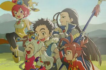 Rule 34 | 2girls, 3boys, black pantyhose, broom, broom riding, brown eyes, brown gloves, commentary request, dress, earrings, feylin, gloves, hagan, hat, headband, highres, holding, holding polearm, holding weapon, jewelry, kibamaru, mole, mole under eye, multiple boys, multiple girls, nagare (tanken driland), outdoors, pantyhose, polearm, purple eyes, rakikoko, red hair, red headband, tanken driland, tanken driland:1000-nen no mahou, triangle earrings, twintails, weapon, white hair, witch hat, yellow dress