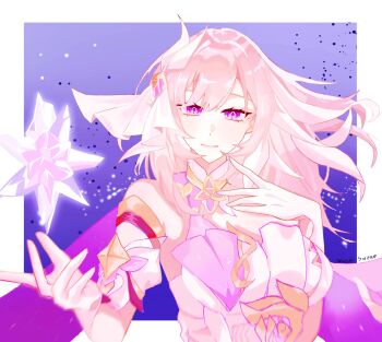 1girl bare_shoulders border breasts corset crystal_flower diamond-shaped_pupils diamond_(shape) elysia_(herrscher_of_human:_ego)_(honkai_impact) elysia_(honkai_impact) gloves hair_ornament hashtag-only_commentary highres honkai_(series) honkai_impact_3rd large_breasts long_hair looking_at_viewer multicolored_hair pink_hair purple_background purple_eyes shuyamino0205 solo symbol-shaped_pupils triquetra two-tone_hair upper_body very_long_hair white_border white_corset white_gloves white_hair