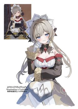 1girl bare_shoulders black_dress blue_eyes blush breasts brown_hair cleavage detached_sleeves dress genshin_impact gloves highres long_bangs looking_at_viewer maid_headdress medium_breasts mtmsnbsj41taq9y pantyhose sakusan_(vofmkj08) sandrone_(genshin_impact) screencap smile solo twitter_username watermark white_gloves white_pantyhose