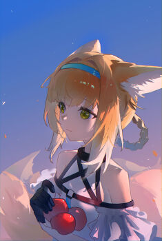 1girl absurdres animal_ears apple arknights bare_shoulders black_gloves blonde_hair blue_hairband braid braided_hair_rings chinese_commentary closed_mouth commentary food fox_ears fox_girl fox_tail fruit gloves green_eyes hair_rings hairband highres holding holding_food holding_fruit kitsune kknico kyuubi multiple_tails short_hair single_glove solo suzuran_(arknights) tail twin_braids