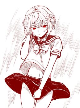 1girl a_certain_high_school_uniform anger_vein bow commentary flower genderswap genderswap_(mtf) glaring hair_flower hair_ornament looking_at_viewer midriff monochrome navel nogi_yasuhito red_eyes sailor_collar school_uniform short_hair skirt skirt_tug spot_color suzushina_yuriko toaru_majutsu_no_index