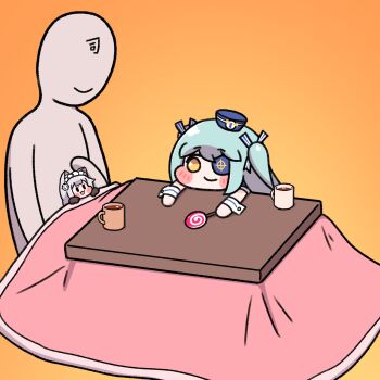 1boy 2girls alterkero animal_ears aqua_hair blush_stickers candy cat_ears cat_girl cat_paw chibi coffee_mug commander_(last_origin) cup dress eyepatch food gradient_background hat highres kotatsu last_origin lollipop lrl_(last_origin) maid maid_headdress mini_perrault_(last_origin) mug multiple_girls perrault_(last_origin) sailor_dress sailor_hat solid_oval_eyes swirl_lollipop table wrist_cuffs yellow_eyes