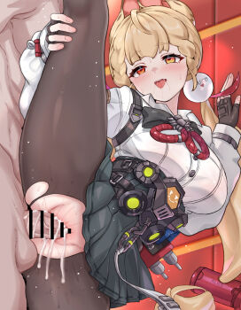 1boy 1girl :o absurdres ahegao alice_thymefield animal_ears bar_censor black_skirt blonde_hair blush breasts censored commentary cum cum_overflow daram_(shappydude) fingerless_gloves gloves hair_ornament hand_on_own_leg heart hetero heterochromia highres indoors large_breasts large_variant_set long_hair orange_eyes pantyhose penis pleated_skirt red_eyes revision sex shirt skirt sphere_hair_ornament split standing standing_on_one_leg standing_sex standing_split sweat torn_clothes torn_pantyhose vaginal variant_set white_shirt zenless_zone_zero