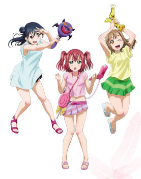 3girls aqua_eyes arms_up artbook blue_hair blue_shirt brown_hair candy collarbone controller flip-flops floating_hair food game_controller green_skirt hair_bun highres holding kunikida_hanamaru kurosawa_ruby lollipop long_hair looking_at_viewer love_live! love_live!_sunshine!! midriff miniskirt multiple_girls navel non-web_source official_art one_eye_closed open_mouth pink_shirt pink_skirt pleated_skirt red_eyes red_hair sandals shirt short_sleeves simple_background single_side_bun skirt smile striped_clothes striped_skirt tsushima_yoshiko two_side_up white_background yellow_eyes yellow_shirt
