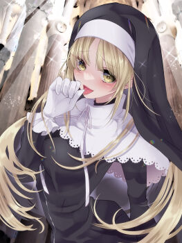 1girl absurdres black_dress black_veil blonde_hair blush breasts brown_eyes capelet church commentary_request dress eyelashes full-length_zipper gloves highres lace-trimmed_capelet lace_trim long_hair long_sleeves neck_ribbon nijisanji nun ribbon siki_mhr sister_claire sister_claire_(1st_costume) smile solo sparkle tongue tongue_out traditional_nun veil virtual_youtuber white_capelet white_gloves white_ribbon zipper zipper_dress