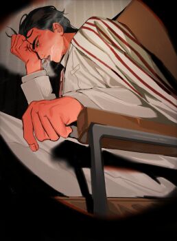 1boy black_hair chains_of_others_(e.g.o) cigarette e.g.o_(project_moon) formal_clothes hashtag-only_commentary highres jacket jacket_on_shoulders limbus_company looking_ahead male_focus mature_male meursault_(project_moon) pants project_moon short_hair sitting smoke smoking solo suit white_pants white_suit yongsadragon