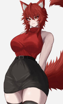 1girl absurdres alternate_costume alternate_hair_length_(shorter) animal_ear_fluff animal_ears arms_behind_back black_skirt black_thighhighs breasts closed_mouth commentary highres indie_virtual_youtuber large_breasts looking_at_viewer meibin red_hair red_shirt shirt short_hair skirt solo tail thighhighs virtual_youtuber white_background wolf_ears wolf_girl wolf_tail yellow_eyes zentreya zettai_ryouiki