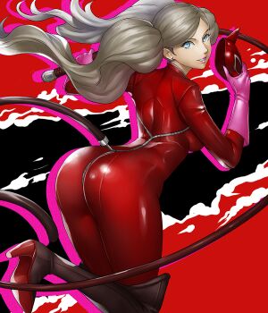 1girl ass blonde_hair blue_eyes bodysuit breasts cat_tail commentary commission english_commentary fake_tail floating_hair from_behind grin high_heels holding holding_mask holding_whip lips long_hair looking_at_viewer looking_back mask medium_breasts persona persona_5 red_background red_bodysuit rondeu skin_tight smile solo tail takamaki_anne twintails very_long_hair
