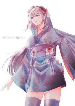 1girl black_hair black_kimono black_thighhighs breasts cowboy_shot final_fantasy final_fantasy_vii final_fantasy_vii_remake flower ha_lu77 hair_flower hair_ornament hashtag-only_commentary japanese_clothes kimono large_breasts long_hair long_sleeves obi official_alternate_costume parted_lips red_flower sash short_kimono simple_background solo thighhighs tifa_lockhart tifa_lockhart_(exotic_dress) twitter_username white_background wide_sleeves zettai_ryouiki