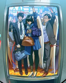 1girl 2boys :3 angel_wings arm_up bag belt black_eyes black_footwear black_hair black_jacket black_necktie black_pants black_suit blue_bag blue_coat blue_footwear blue_scarf brown_bag brown_belt brown_footwear closed_mouth coat collared_shirt crowded demon_horns demon_tail dress_shirt formal_clothes glasses grey_jacket grey_pants grey_suit halo high_heels highres holding holding_bag holding_wallet horns jacket long_hair long_sleeves looking_at_another looking_down looking_to_the_side multiple_boys necktie open_clothes open_jacket original pants people photo-referenced pickpocket ramon_nunez red_eyes red_horns red_tail salaryman scarf sharp_tail shirt shoes short_hair shoulder_bag standing suit suit_jacket tail traditional_halo train_interior wallet white_halo white_shirt white_wings wings wrinkled_skin