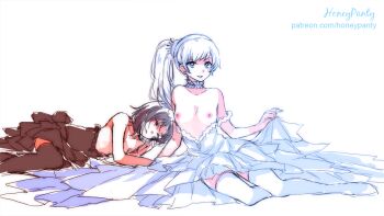 2girls alternate_costume arm_support black_dress black_hair black_thighhighs blue_eyes breasts choker closed_eyes commentary dress english_commentary lace lace_choker long_legs looking_at_viewer lying multiple_girls no_bra off_shoulder on_side patreon_username peachpii ponytail ruby_rose rwby scar scar_across_eye scar_on_face skirt_hold sleeping small_breasts thighhighs thighs tiara watermark web_address weiss_schnee white_dress white_thighhighs