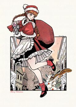 1girl alternate_costume apron blush bracer braid capelet castle christmas christmas_tree commentary english_commentary foot_up_heel_up frills from_side fur_trim green_eyes hat herheim highres holding holding_sack long_hair medieval merry_christmas orange_hair outdoors outline sack santa_hat signature skirt squirrel standing standing_on_one_leg stone_building town twilight twin_braids unicorn_overlord vanillaware white_outline yunifi_(unicorn_overlord)