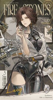 1girl absurdres android artist_name barcode brown_hair character_name chinese_commentary commentary_request commission copyright_name cover cropped_legs curtained_hair diamond_(gemstone) fake_magazine_cover highres holding holding_jewelry holding_necklace jewelry joints looking_at_viewer lucy_(reverse:1999) magazine_cover mechabare mole mole_under_mouth necklace parted_lips puriko reverse:1999 robot_girl robot_joints shirt short_hair solo unworn_jewelry unworn_necklace white_shirt yellow_eyes zoom_layer