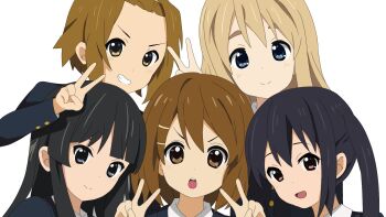 Rule 34 | 5girls, akiyama mio, black eyes, black hair, blonde hair, blue eyes, brown eyes, brown hair, bushy eyebrows, closed mouth, dot nose, double v, feet out of frame, female focus, forehead, hair between eyes, hair ornament, hairclip, headband, highres, hirasawa yui, k-on!, kotobuki tsumugi, lemon104417, long hair, long sleeves, looking at viewer, multiple girls, nakano azusa, open mouth, sakuragaoka high school uniform, school uniform, shirt, short hair, simple background, smile, standing, tainaka ritsu, teeth, thick eyebrows, twintails, v, white background, white shirt, yellow headband