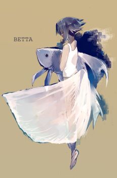 1girl blue_hair brown_background camisole closed_eyes closed_mouth english_text fish from_side highres hitogome long_skirt original profile see-through_clothes siamese_fighting_fish simple_background skirt sleeveless solo spiked_hair white_camisole white_skirt