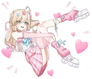 1girl :d alternate_costume bare_shoulders blonde_hair blue_bow blue_eyes blush bow center_frills commentary detached_sleeves eyes_visible_through_hair frills full_body gradient_hair hair_between_eyes hair_ornament heart heart-shaped_pupils heart_hair_ornament highres hugging_own_legs kedarui_aashii kimi_no_koto_ga_dai_dai_dai_dai_daisuki_na_100-nin_no_kanojo long_hair long_sleeves looking_at_viewer loose_socks multicolored_hair open_mouth pink_hair pink_shirt pink_socks plaid_clothes plaid_skirt platform_shoes pleated_skirt ribbed_socks see-through_clothes see-through_sleeves shirt shoes side_ponytail simple_background skirt smile socks solo sosii_79 symbol-shaped_pupils thigh_strap white_background white_shirt white_shoes wide_sleeves