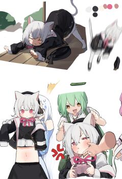 4girls anger_vein animal_ears annoyed black_hat black_skirt blush brown_hair cat_ears cat_stretch cat_tail cats_are_scared_of_cucumbers closed_eyes clothing_cutout color_guide controller cucumber disembodied_hand game_controller grabbing_another&#039;s_ear green_hair grey_hair hair_between_eyes hair_ornament hand_on_another&#039;s_chin hand_on_another&#039;s_ear hat highres holding holding_controller holding_game_controller jumping lifting_person longcat_(meme) motion_blur multiple_girls navel parody pink_eyes playing_games pocche-ex sayo_(voicevox) shikoku_metan shoulder_cutout skirt sleeves_past_wrists stomach stretching stroking_another&#039;s_chin tail tail_grab voicevox whitecul wooden_floor zundamon