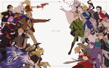 5girls 6+boys abigail_williams_(fate) abigail_williams_(first_ascension)_(fate) absurdres agravain_(fate) ahoge airgetlam_(fate) america_(hetalia) american_flag animal armor armored_dress artoria_pendragon_(fate) axis_powers_hetalia bandeau bedivere_(fate) bedivere_(third_ascension)_(fate) billy_the_kid_(fate) black_bow black_hair blonde_hair blue_eyes bomber_jacket bow bow_(weapon) calamity_jane_(fate) cape clarent_(fate) closed_eyes coat country_connection crossover dress excalibur_galatine_(fate) failnaught_(fate) falling_petals fate/grand_order fate_(series) fur-trimmed_cape fur_trim furry furry_male gawain_(fate) gawain_(third_ascension)_(fate) glasses gloves goggles goggles_on_head green_eyes grey_eyes gun hair_bow hair_bun hair_ribbon hat headless helena_blavatsky_(fate) helena_blavatsky_(third_ascension)_(fate) hessian_(fate) highres holding holding_bow_(weapon) holding_gun holding_staff holding_sword holding_weapon jacket knights_of_the_round_table_(fate) kome_043 lancelot_(fate/grand_order) lancelot_(first_ascension)_(fate/grand_order) lion_boy lion_hair lobo_(fate) long_hair long_sleeves merlin_(fate) mordred_(fate) multiple_boys multiple_girls necktie open_mouth orange_bow oversized_animal pants petals ponytail prosthesis prosthetic_arm purple_eyes purple_hair red_hair ribbon robe saber_(fate) scarf shirt short_hair side_ponytail sidelocks smile staff sword thick_eyebrows thomas_edison_(fate) tristan_(fate) tristan_(third_ascension)_(fate) union_jack united_kingdom_(hetalia) voyager_(fate) voyager_(third_ascension)_(fate) weapon white_hair white_robe wolf yellow_eyes yellow_scarf