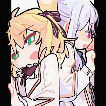 2girls absurdres anisphia_wynn_palettia black_ribbon blonde_hair blush bright_pupils capelet commentary euphyllia_magenta green_eyes hair_ribbon highres jacket long_hair long_sleeves medium_hair multiple_girls neck_ribbon pillarboxed purple_eyes purple_hair ribbon stuck_in_a_box sweat sweatdrop tensei_oujo_to_tensai_reijou_no_mahou_kakumei white_capelet white_jacket white_pupils ydpfa yuri